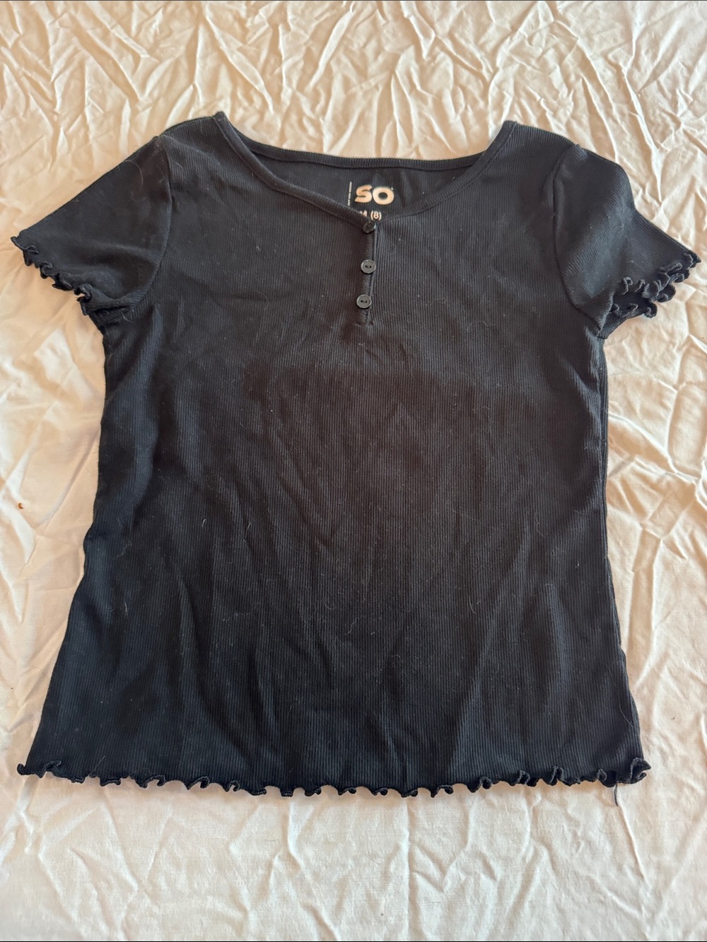 SO medium 8 Black Ribbed Henley Tee with Lettuce Edging